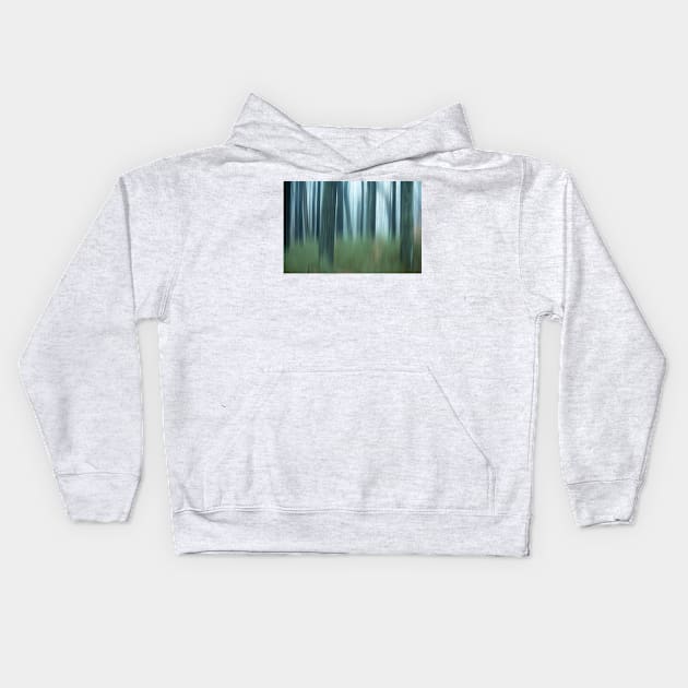 Blurred abstract trees in forest on foggy morning Kids Hoodie by jswolfphoto